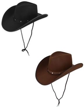 HENBRANDT Cowboy Hat Bundle Pack - 1 x Black 1 x Brown Cowboy Hat with Cord and Stud Decoration - Adult Western Fancy Dress Accessory for Themed Parties Events Celebrations Costume