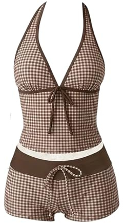 Maillot de Bain Femme 2 Pièces Tankini Ventre Plat avec Shorty Rétro Y2K Imprimé à Col Licou Haut Débardeur Rembourré et Bas Short de Piscine Plage Vacances d'Été Taille S-XL