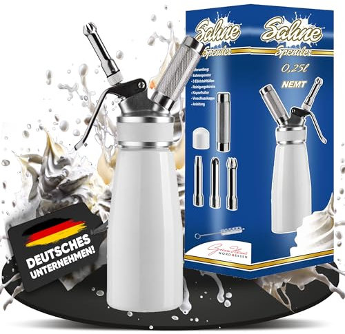 NEMT Sahnespender 0,25 L Sahnesiphon weiss ohne Sahnekapseln 250 ml Sahnespender Aluminium mit Edelstahl Düsen und Reinigungbürste, Auslaufsicherer Sahnebereiter für Schlagsahne, Creme, Mousse