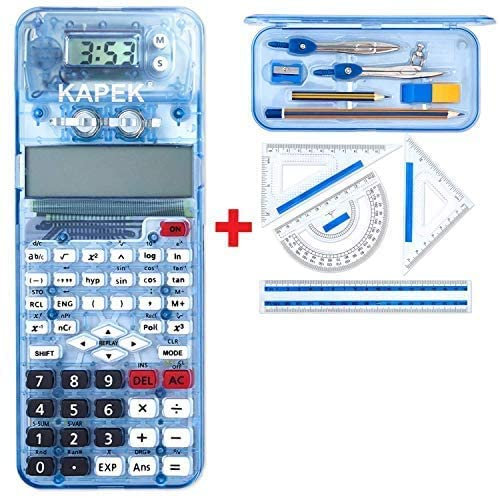 KAPEK Scientific Calculator + Math Set for Schools | 2-Line Display | 10-Piece Geometry Set | Ruler, Compass, Protractor | 240+ Integrated Functions | GCSE Math Bundle | Blue