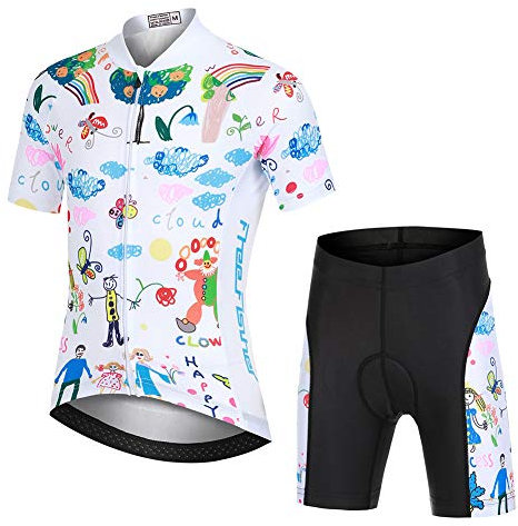 LPATTERN Kinder Radsport Bekleidung- Jungen/Mädchen Fahrrad Trikot-Set(Trikot Kurzarm+Kurz Radhose)/Radtrikot Kurzarm/Kurz Fahrradhose mit Sitzpolster,Cartoon freudig Welt Weiß(Anzug),134/140(Tag:L)