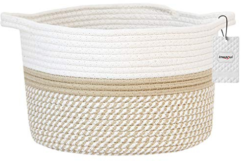 Inwagui Panier de Rangement en Corde de Coton Boîte de Rangement Tissé Naturelle Corbeille de Rangement Pliable pour Chambre d'enfant, Vêtements de Bébé, Jouets, Linge - Kaki et Blanc