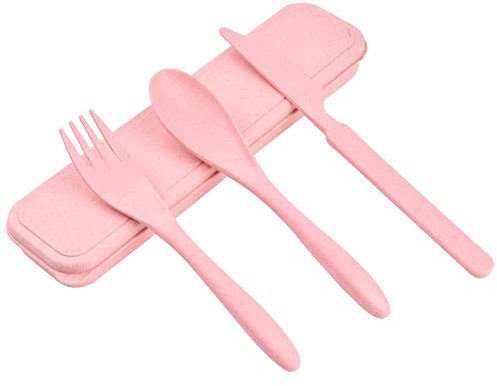 Travel Cutlery Set with Case, Plastic Reusable Cutlery Set for Outdoor Travel Picnic Office School Lunch Box (Pink)
