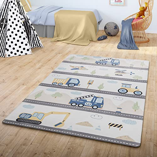 TT Home Teppich Kinder Kinderzimmer Kinderteppich Babymatte Straße Auto Wolke Berg, Farbe: Grau Weiß Gelb, Größe:155x230 cm
