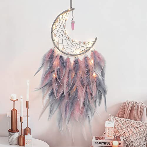 Dremisland Moon Dream Catcher with Fairy Lights Indian Dreamcatcher Kids Bedroom Accessories Pink Grey Feather Lucky Turquoise Pendant Wall Hanging Christmas Decoration for Home Bedroom Craft Gift