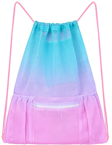 Fiodrimy Mesh Drawstring Backpack Bag Beach Bag with Zipper Pocket Gym Backpack Bag for Swimming Gear Gym Storage Bag for Adult Kids (Pink)