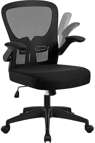 Yaheetech Ergonomic Office Chair with 90° Flip-up Armrest Lumbar Support Mid Back Mesh Computer Chair Padded Seat Cushion for Home Study Conference Work Black