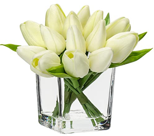 Oairse Lot de 14 petites fleurs artificielles dans un vase, au toucher réaliste, fausses tulipes dans un vase cube en verre avec eau artificielle, mini bouquet de tulipes crème pour décoration de
