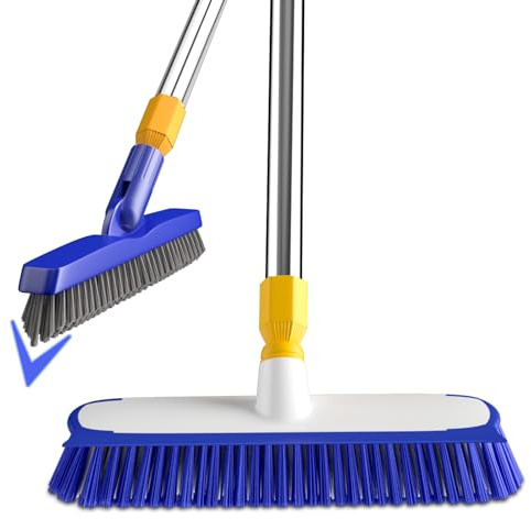 ITTAHO 12 Wide Floor Scrub and Grout Brush Set With Long Extendable Handle - Stiff Bristle Heavy Duty Cleaner for Tile, Deck, Garage, Kitchen, Bathroom