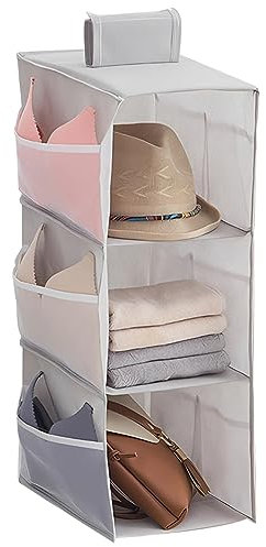 QUMENEY Hanging Wardrobe Storage Closet Organiser Hanging Storage Shelves With Side Pockets Clothes Organiser Space-Saving and Foldable Bedroom Storage Grey (3 Layers)