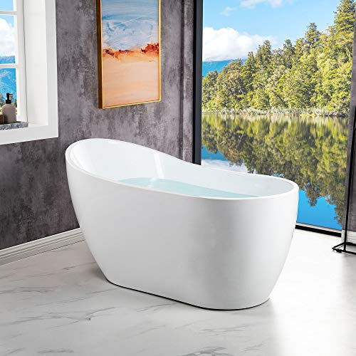 WOODBRIDGE 54 Acrylic Freestanding Bathtub Contemporary Soaking White Tub with Matte Black Overflow and Drain,B0006-MB