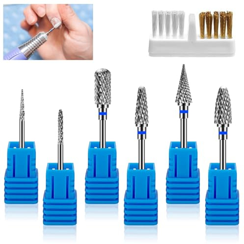 6 Pezzi Punte Fresa Unghie, Punta da Trapano per Unghie in Carburo di Tungsteno, 1 Pennello, 3/32 Pollici Punte Fresa Cuticole per Manicure e Pedicure,Rimozione Gel (StilA)