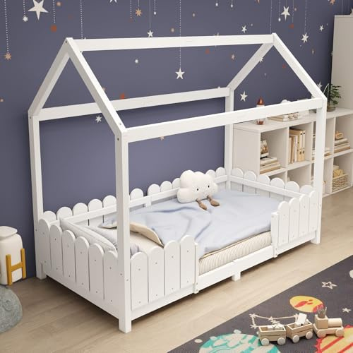 KOMHTOM Simple Lit de Maison avec Protection Anti-Chute, Lit de Jeune avec Sommier à Lattes en Bois, Cadre de lit, Minimaliste(sans Matelas) (Blanc-C, 90 x 200CM)