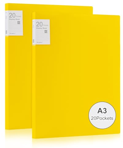 Srvnpioy 2 Pezzi Portalistino A3, 20 Tasche Trasparenti, Porta vista A3 40 viste, Presentazione Mostra Libro per opere d'arte, fogli report, Giallo