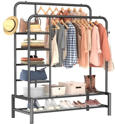 ZHKINGGS Metall Kleiderständer für Doppelstange - Multifunktionaler Kleiderstange mit zwei Ebenen Aufbewahrungsregalen für Haus Schlafzimmer für Mäntel, Taschen, Schuhe, Stiefel (Schwarz)