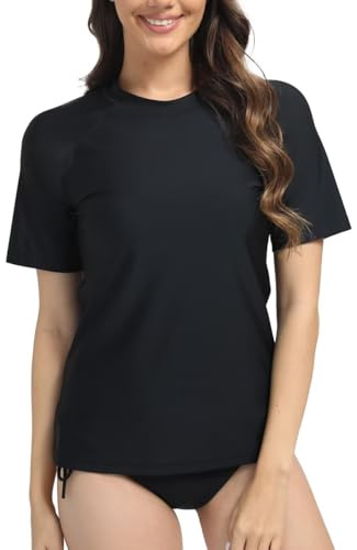 SURFEASY Women's UV Rash Vest UPF 50+ Rash Guard Quick Dry Beach Swim Shirt Swimming Wetsuits Tops Swimsuits Short Sleeve(Black,L)