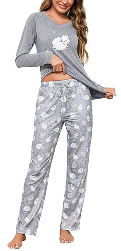 Litherday Pijama Mujer Invierno Algodón 2 Piezas Pijama Largo Mujer Manga Larga con Cuello en V y Bolsillos Ropa de Dormir con Estampado de Estrella,Gris Jaspeado+Estampado de Ovejas,L