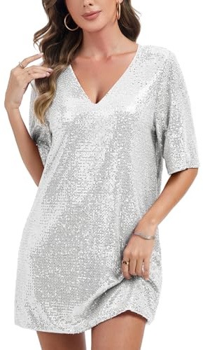 Kyzoeyou Robe midi à manches courtes pour femme - Paillettes - Coupe trapèze - Décontractée - Col rond