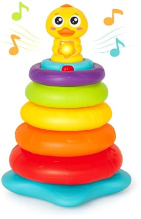 HOLA - Juego Pirámide de Aros para Bebes - Diseño de Pato con Luces y Sonidos - Fomenta la Coordinación - Juguete Musical Educativo Torre Aros Apilable de Equilibrio - Juguetes para apilar y Encajar