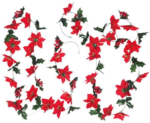 Emoshayoga Xmas Julstjärna Garland 5.7FT Konstgjord Vinranka med Realistisk Design för Juldekor och Fester Sidentyg (Röd)