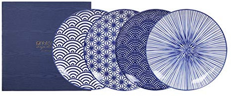 TOKYO design studio Nippon Blue Set de 4 Assiettes Bleu-Blanc, Ø 20,6 cm, env. 2,2 cm de Hauteur, Porcelaine Asiatique, Design Japonais avec Motifs géométriques, Emballage Cadeau Inclus