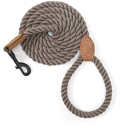 Mile High Life Braided Cotton Rope Leash with Leather Tailor Handle and Heavy Duty Metal Sturdy Clasp (Camel, 4 FT)