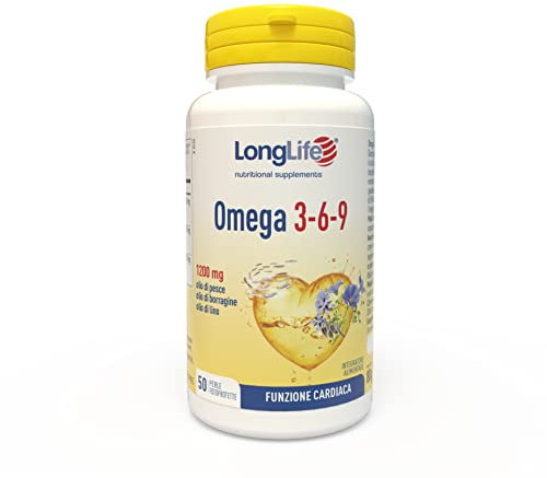 LongLife® Omega 3 6 9 | Con olio di pesce, borragine e lino | 1000mg omega 3, 615mg omega 6 e 400mg omega 9 per dose giornaliera | Benessere cardiaco, cerebrale, della vista | 50 perle | Senza glutine
