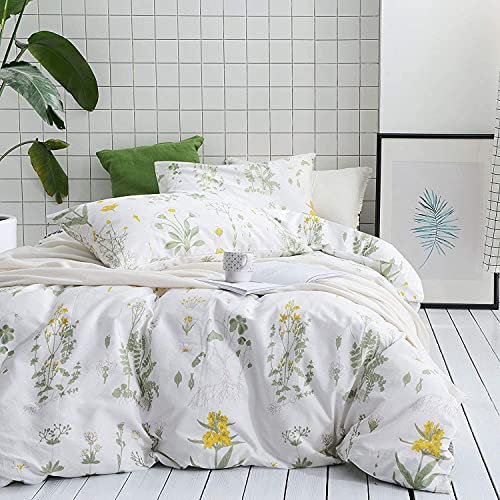 Sacebeleu Bettwäsche 135x200 cm Weiß Grün Blätter Blumenmuster Sommer Pflanzen Design Microfaser Wendebettwäsche Bettbezug 135x200 cm mit Reißverschluss und Kissenbezug 80x80 cm