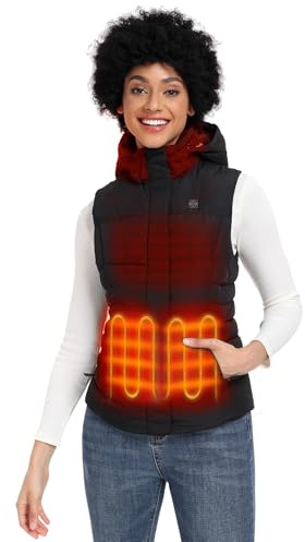 ORORO Chaleco Plumas Calefactable Mujer con Batería y Capucha Desmontable - Cargador No Incluido (Negro, XS)