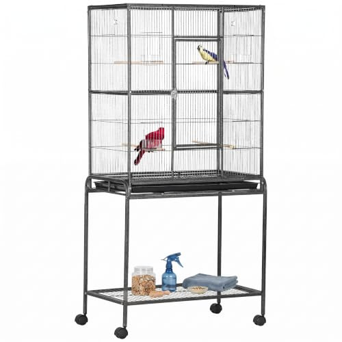 PawHut Large Bird Cage Budgie Cage with Stand, Storage Shelf, Wood Perch for Parrot Canary Parakeet Cockatiels, 81 x 48 x 162.5 cm