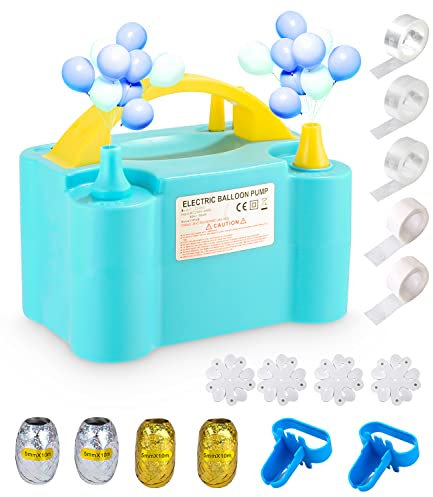 FAOKZE Elektrische Ballonpumpe, Luftballonpumpe 600W Aufblasgerät Doppeldüse mit Automatik und Halbautomatisch Modi, Mit Ballonknoten Ballonkette Band für Party Hochzeit Geburtstag, Hellblau