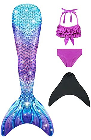 Pyjacos meerjungfrauenflosse mädchen Badeanzug - Meerjungfrau Flosse Bademode mit Bikini Set und Monoflosse Mermaid Tail, 4 Stück Set，2blackseg5+74-150