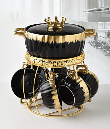 TFE's Fancy Ceramic Soup Tureen Bowl Gift Set with 6 Soup Bowls/Cups with Handles, Gold Stand & Lid, Hotpot Style Home Decor Kitchen Utensils Set for Ramen Pasta Gravy (Black and Gold)