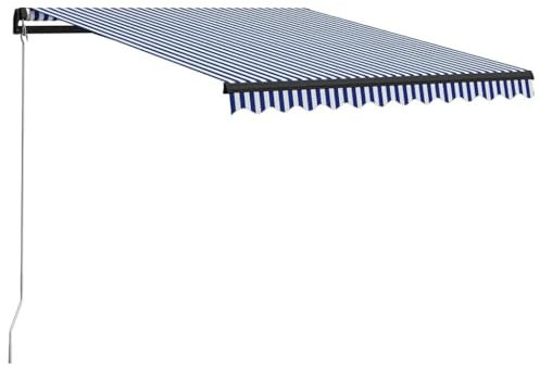 Yolola Auvent à bras articulés avec LED - Rétractable - Fonctionnement à la main - 300 x 250 cm - Protection solaire - Pour terrasse, manivelle - Bleu et blanc