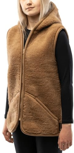 Perfect Wool - Weste Wolle - Weste Damen und Herren - aus Merino Wolle mit Zusatz von Kamelwolle - Warm, für Herbst und Winter, mit Kapuze, Reißverschluss und Taschen - Braun - Größe S