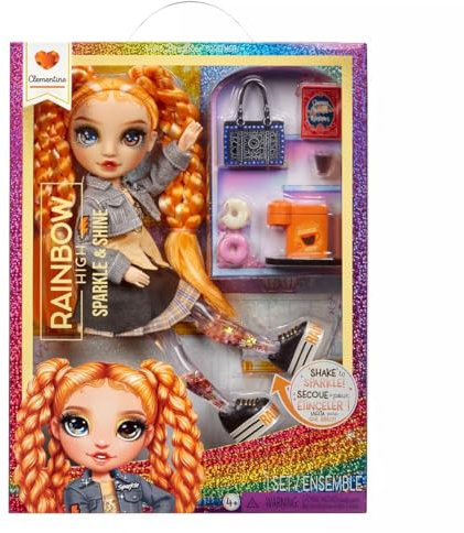 Rainbow High Sparkle and Shine - Clementine (Orange) - 28 cm Modepuppe mit flüssigem Glitter in den Beinen; Einfach Schütteln, um sie zum Glitzern zu Bringen; Ideal für Kinder von 4-12 Jahren