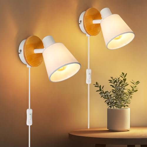 Ketom 2 Stück E14 Wandleuchte Innen Weiß Rund, Wandlampe mit Schalter und Stecker Holz, Wandstrahler Vintage, Verstellbare Stoff Wand Lampen für Wohnzimmer Schlafzimmer, Ohne Leuchtmittel