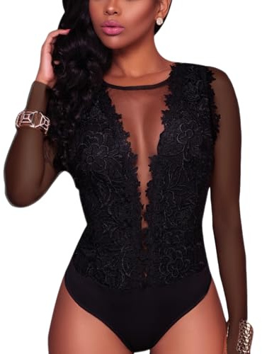 RARITYUS Women Sexy Lace Bodysuit Jumpsuit See Through Mesh Long Sleeve Leotard Tops Party Outfit