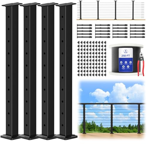 CKE 15ft-20ft Complete Set 36 Cable Railing Post Kit, 4Pack Black Level Drilled Line Posts(35x2x2), Swageless Deck Cable Railing System Kit, 250ft 1/8 Wire Rope(No Handrail), Black Post Kit LPS02