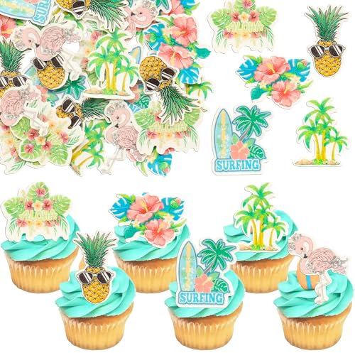 Gyufise 54Pcs Edible Tropical Aloha Luau Cupcake Toppers Wafer Paper Palm Tree Flower Turtle Leaves Flamingo Pineapple Cupcake Picks Summer Hawaiian Theme Birthday Party Cake Decorations Supplies