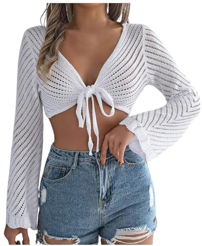 Eauptffy Boléro élégant pour femme - Cardigan court sexy - Cardigan à manches longues - Cardigan d'été léger et fin - Col en V - Crochet - Crop Top Cover Up - Veste boléro festive à lacets, O blanc