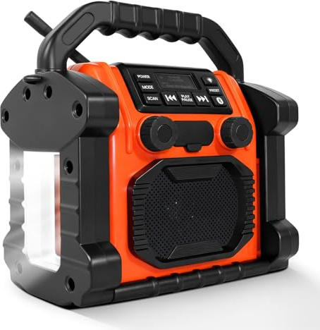 Altoparlante portatile per lavori con Bluetooth 5.3, FM/Dab, 30 W, impermeabilità IPX66, batteria da 8000 mAh e ricarica per telefoni, luci LED per esterni, lavoro e feste.