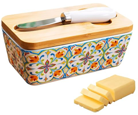 de mantequilla – Cerámica hermética, cortador de tapa de trabajo, recipiente de granja de 5,83 pulgadas con capacidad de 350 ml, elegante decoración de cocina para esparcimientos, salsas