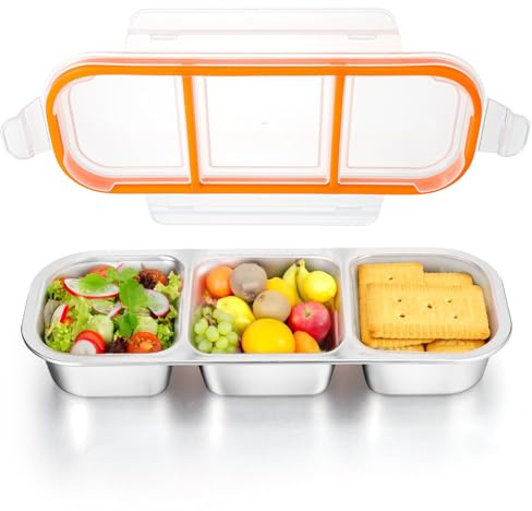 3 scomparti scatola per snack con coperchio ermetico, snack box acciaio portatile per bambini e adulti, riutilizzabile, ideale per scuola, ufficio, viaggio, campeggio Porta merenda in acciaio inox