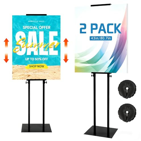 2 Pack Stand Heavy Duty Adjustable Pedestal Sign Holder, Poster Height 4.7 to 83 in for Double-Sided Foam Board Signs with Water-Filled Base for Stability, for Wedding Business Outdoor Events(Black)