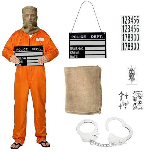 Mino Plus disfraz de prisionero,Disfraz de prisión naranja para hombre y mujer adultos,con accesorios de convicto, cosplay, Halloween, carnaval