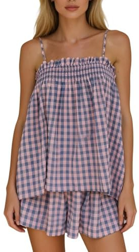 Lshyuehao Women Gingham 2 Piece Pajama Set Flowy Peplum Babydoll Cami Top Wide Leg Shorts Sets Summer Lounge Outfit (A-Purple, S)