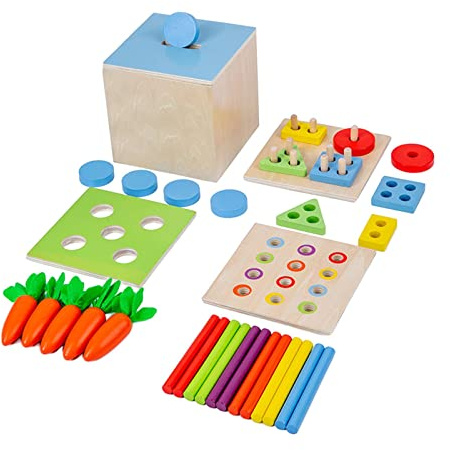 TTETTZ 32 Piezas Juguete de Madera Rompecabezas Frutas Granja Bloques Encastres Reconocimiento de Colores Función Sensorial Adecuado para, Multicolor, Caja de Inteligencia 4 en 1