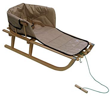 Holzschlitten für Kinder mit Rückenlehne Rodelschlitten Davoser Schlitten aus Holz mit einem Sicherheitsgurt, Rückenlehne und Matratze (Natur/beige Leinen)