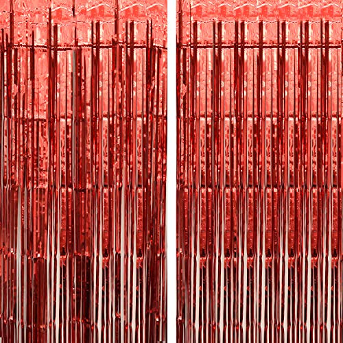 CHRORINE 2 Pcs 1x2.5m Red Metallic Tinsel Foil Fringe Curtain Backdrop Party Streamers for Christmas Wedding Birthday Party Decorations Anniversary Holiday Valentine's Day Decorations